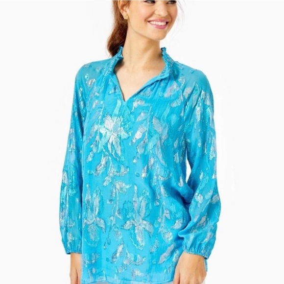 Lilly Pulitzer Galiana Silk Top Ocean Breeze Size M - Picture 2 of 16